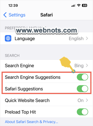 在 Safari iPhone 中禁用搜索和 Safari 建议