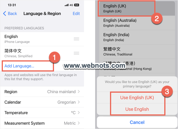 在 iPhone 设置中添加翻译语言