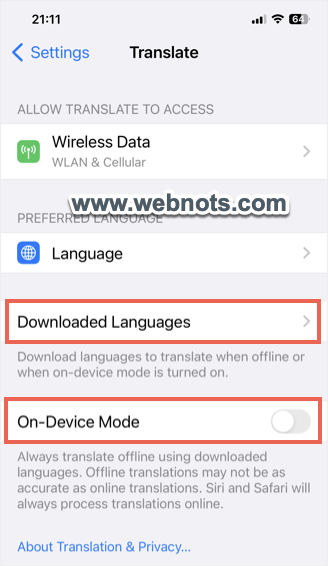 在 iPhone 翻译应用程序中下载语言和离线工作