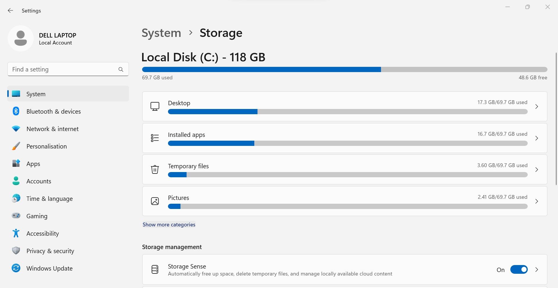 在 Windows 设置应用程序的存储选项卡中打开显示更多类别选项