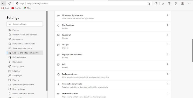 Image 1 Opening Pop ups and Redirects Option Under All Permissions in Cookies and Site Permissions in Microsoft Edge Settings