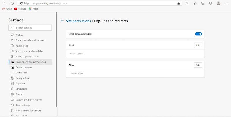 Image 2 Enabling the Pop up Blocker by Enabling the Block Button in Cookies and Site Permissions in Microsoft Edge Settings