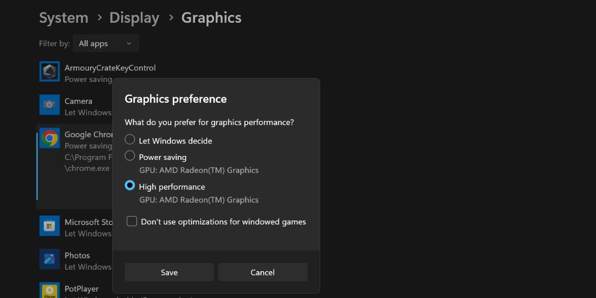 在 Windows 11 中更改应用程序图形首选项