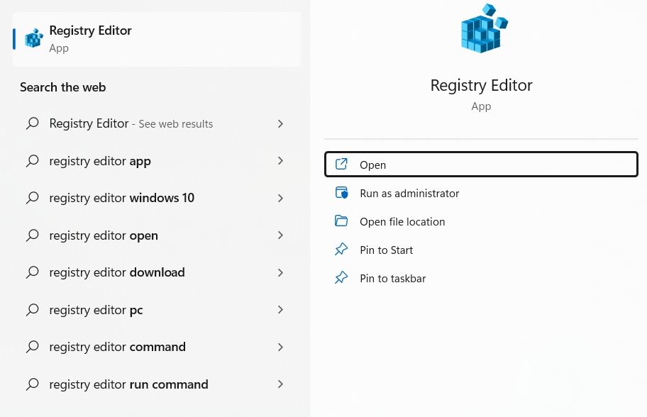 在 Windows 搜索中选择注册表编辑器