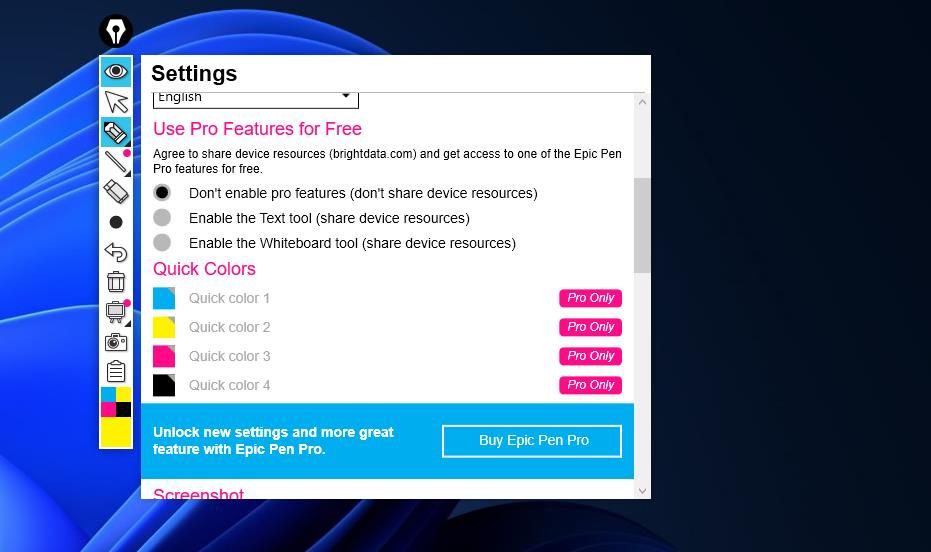 启用 Epic Pen Pro 功能的选项