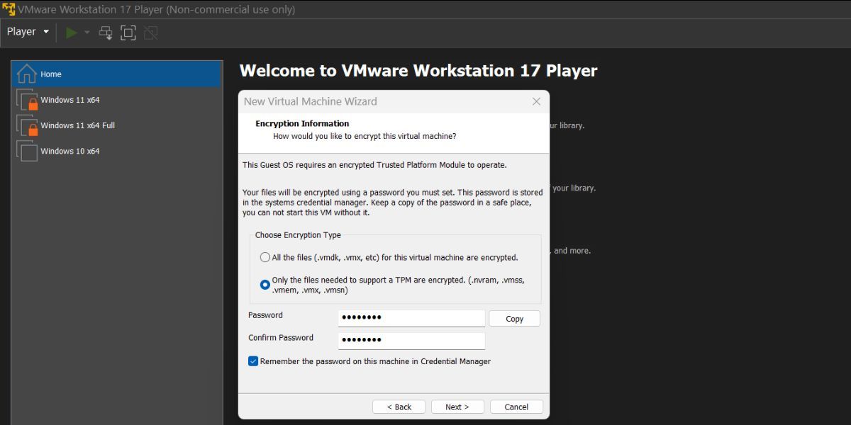 在 VMware Workstation 17 Player 中的 Windows 11 虚拟机中启用加密