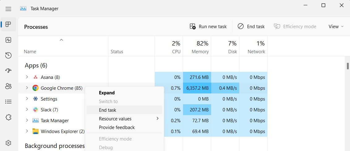 在任务管理器中结束 Chrome 进程