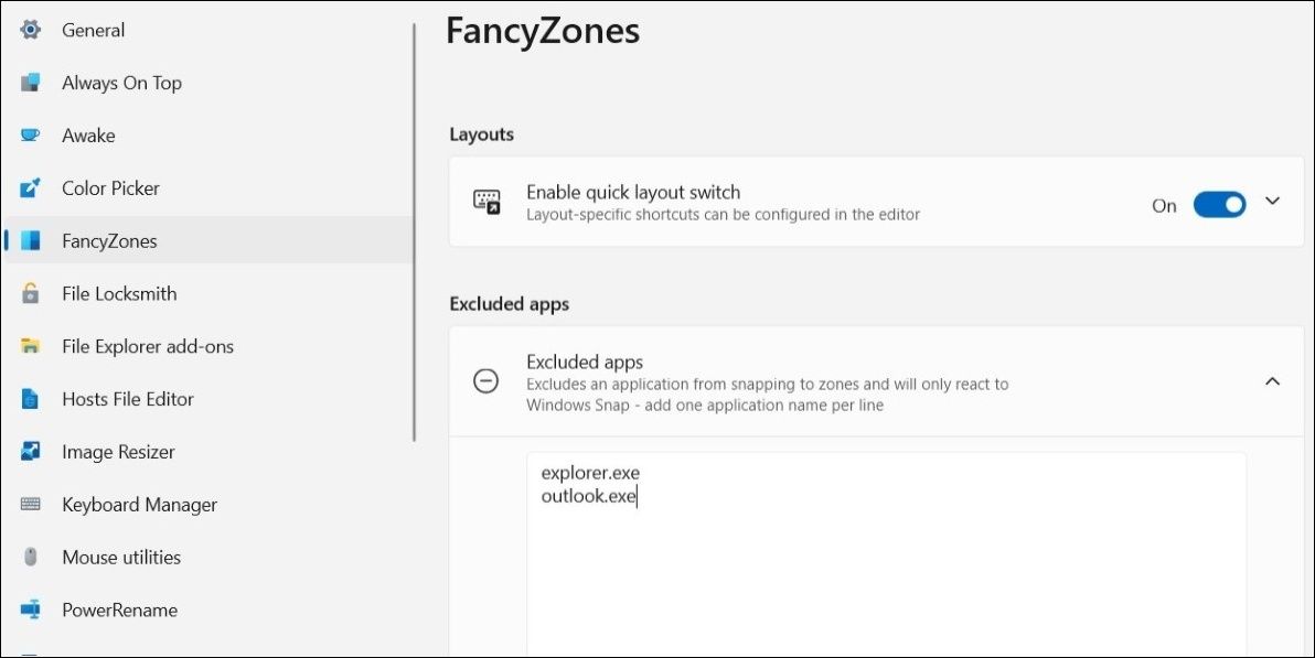 排除 FancyZones 中的应用程序