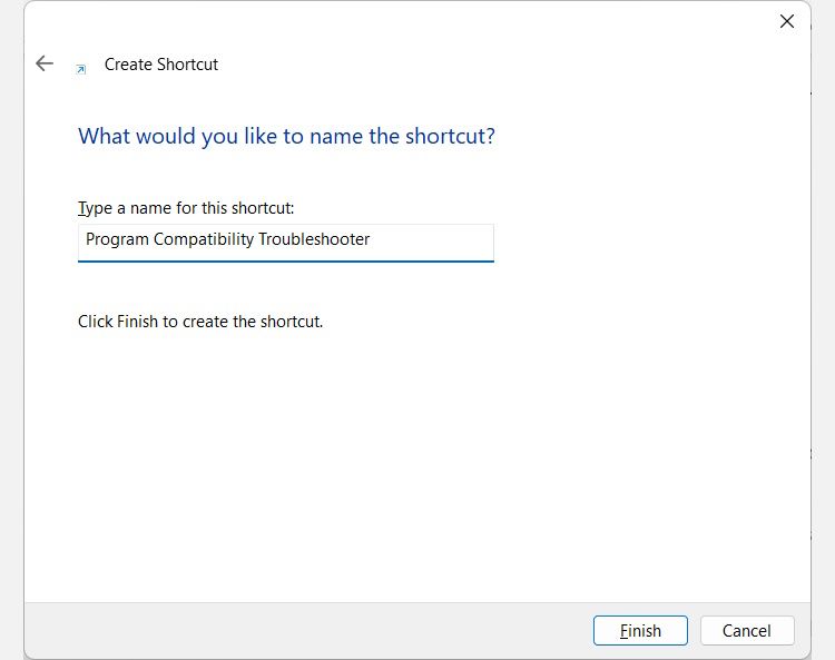 在 Windows 11 的创建快捷方式向导中命名程序兼容性疑难解答程序的快捷方式