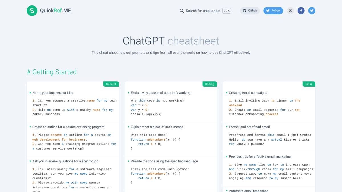 QuickRef 的 ChatGPT 备忘单提供了各种类别和用途的 ChatGPT 提示的免费示例和模板