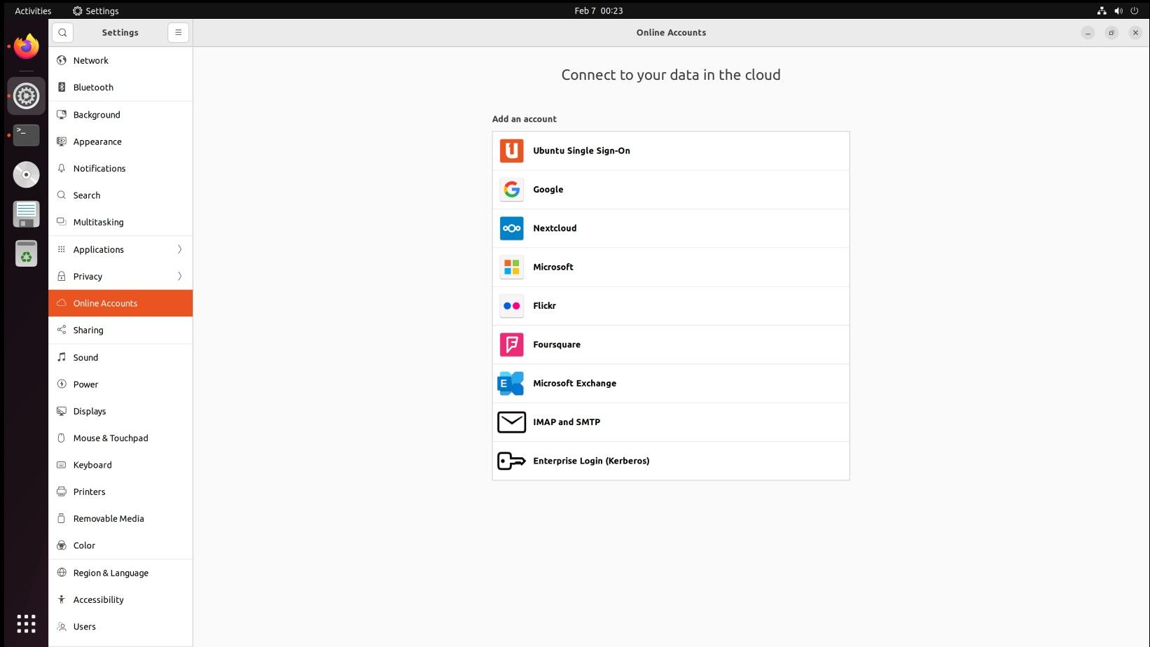带有各种登录选项的 Ubuntu 22.04 中的在线帐户设置页面