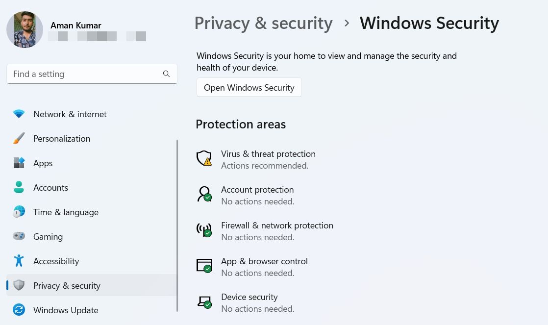 在设置中打开 Windows 安全选项
