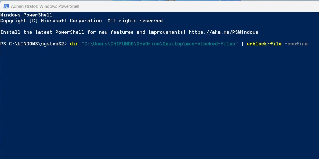 在 Windows 11 上的 PowerShell 中输入取消阻止文件命令