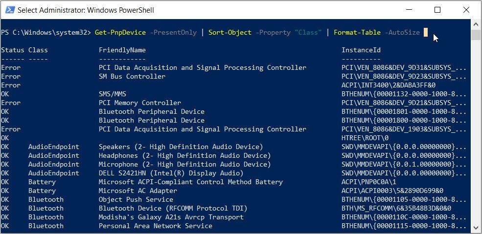 显示设备信息的 PowerShell 窗口