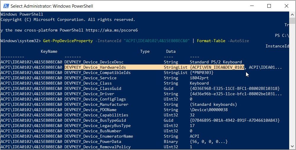 在 PowerShell 上选择硬件 ID 选项