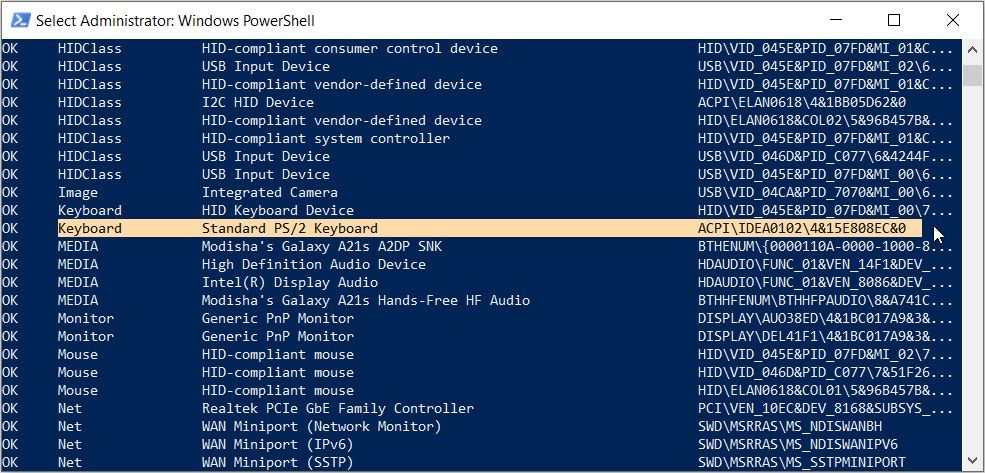 从 PowerShell 命令选项中选择键盘选项