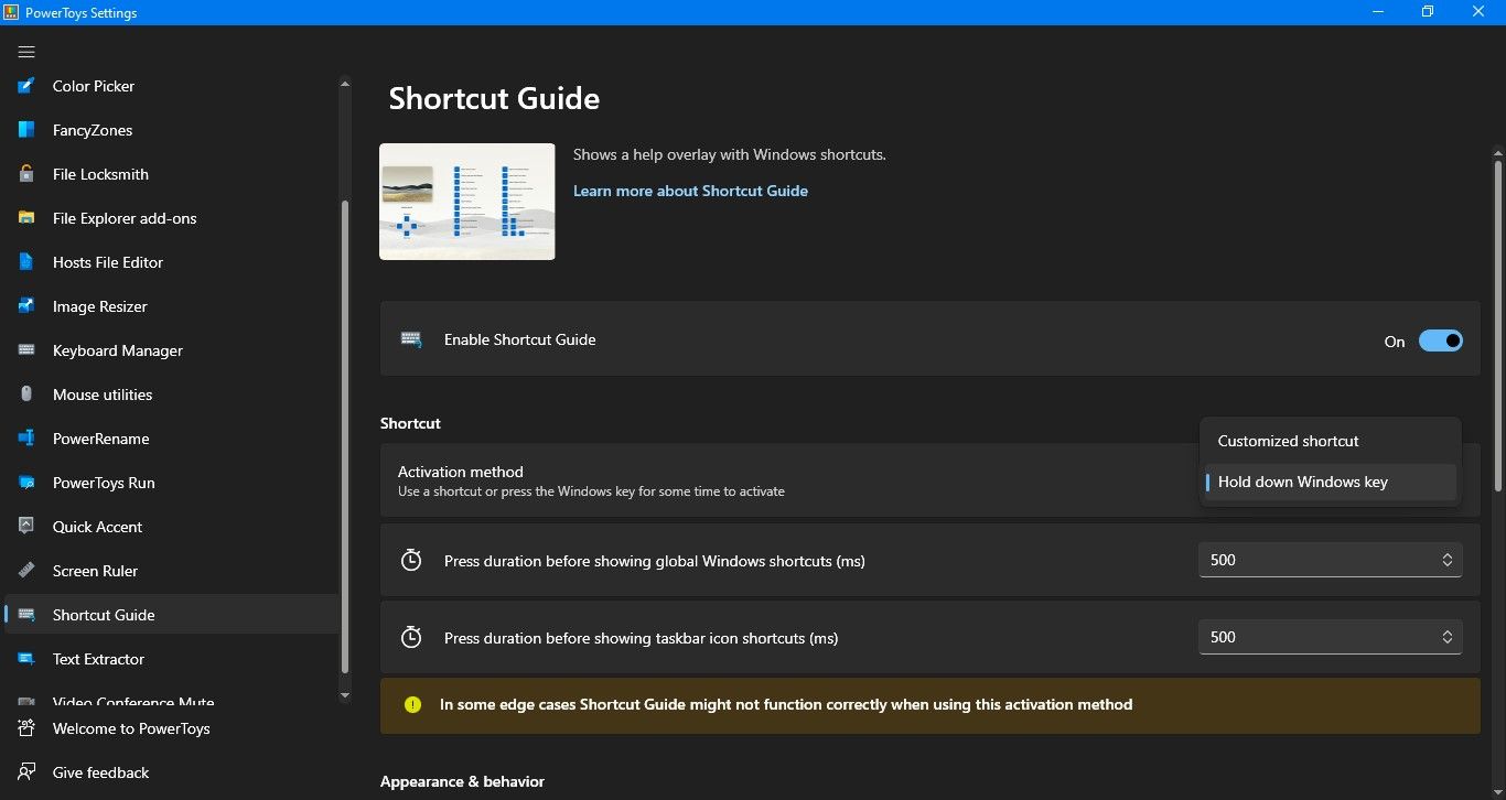 PowerToys 中的快捷方式指南设置