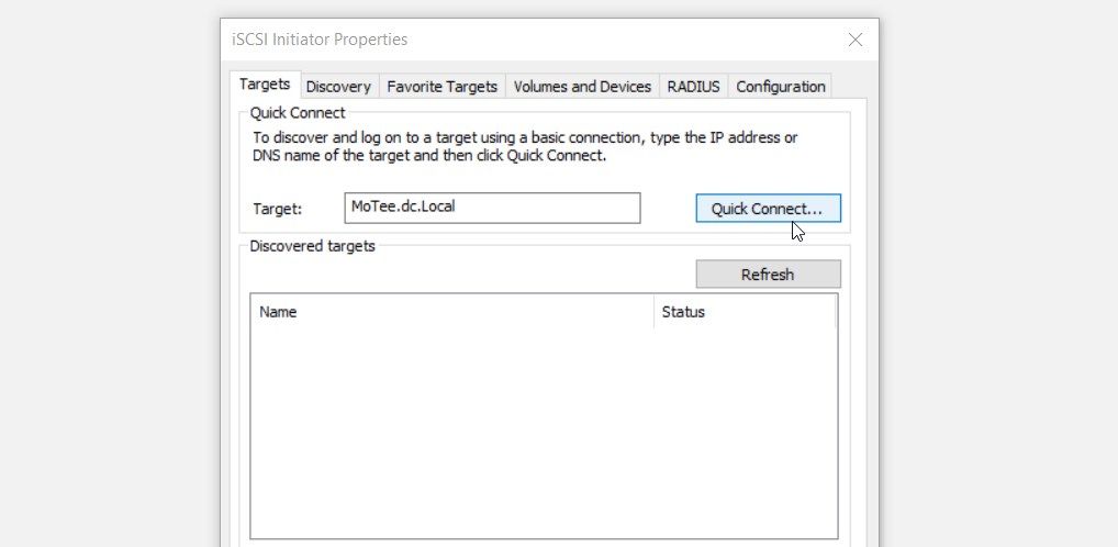 iSCSI 启动器上的目标选项卡