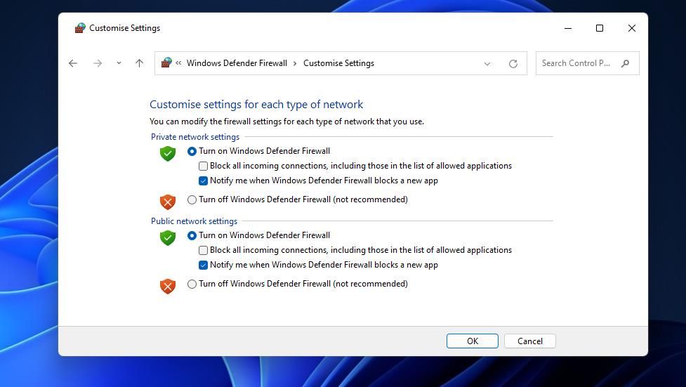 关闭 Windows Defender 防火墙选项 