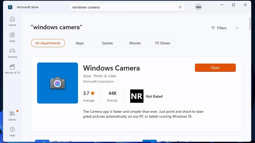 MS Store 中的 Windows Camera 应用程序页面