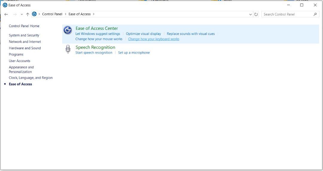 突出显示“轻松访问中心”的 Windows PC 设置页面