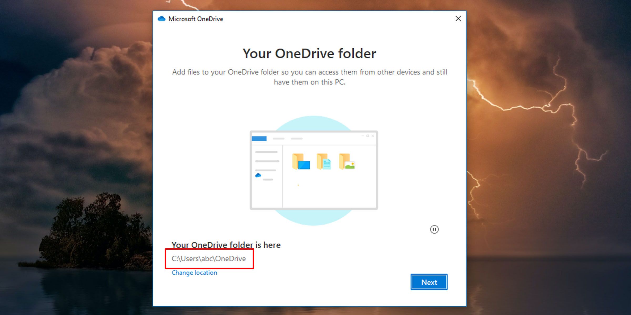 选择 OneDrive 在 PC 上的位置