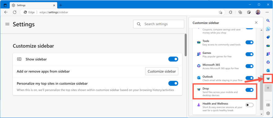 启用边缘边栏中的下拉