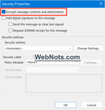 在邮件的 Outlook 安全属性中启用加密