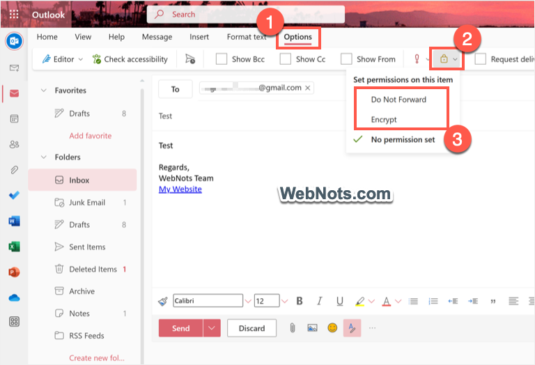 在 Outlook Online 编辑器中选择加密选项
