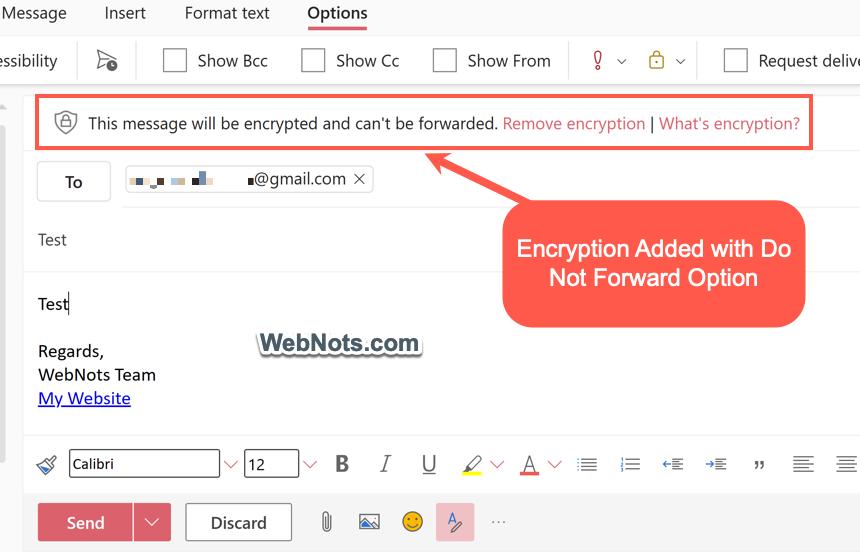 在 Outlook 中添加了不转发选项的加密