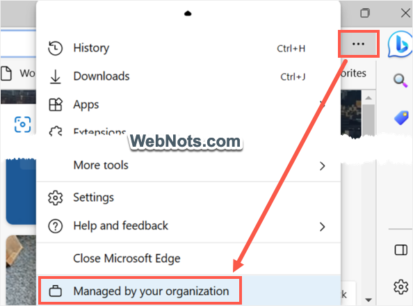 由您的组织管理显示在边缘菜单中