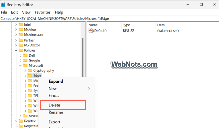选择删除以删除边缘策略文件夹