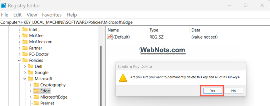 确认删除注册表中的边缘策略