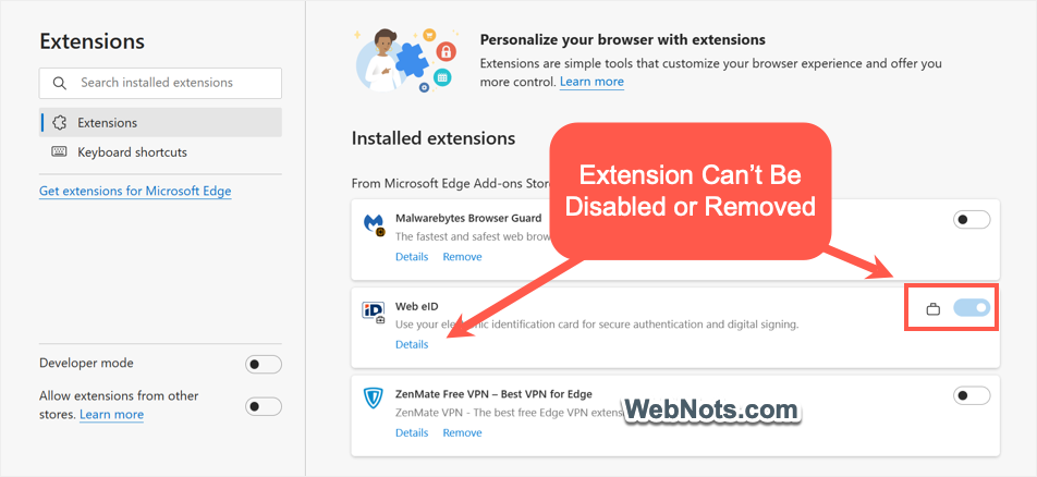 扩展程序显示没有删除选项的挂锁