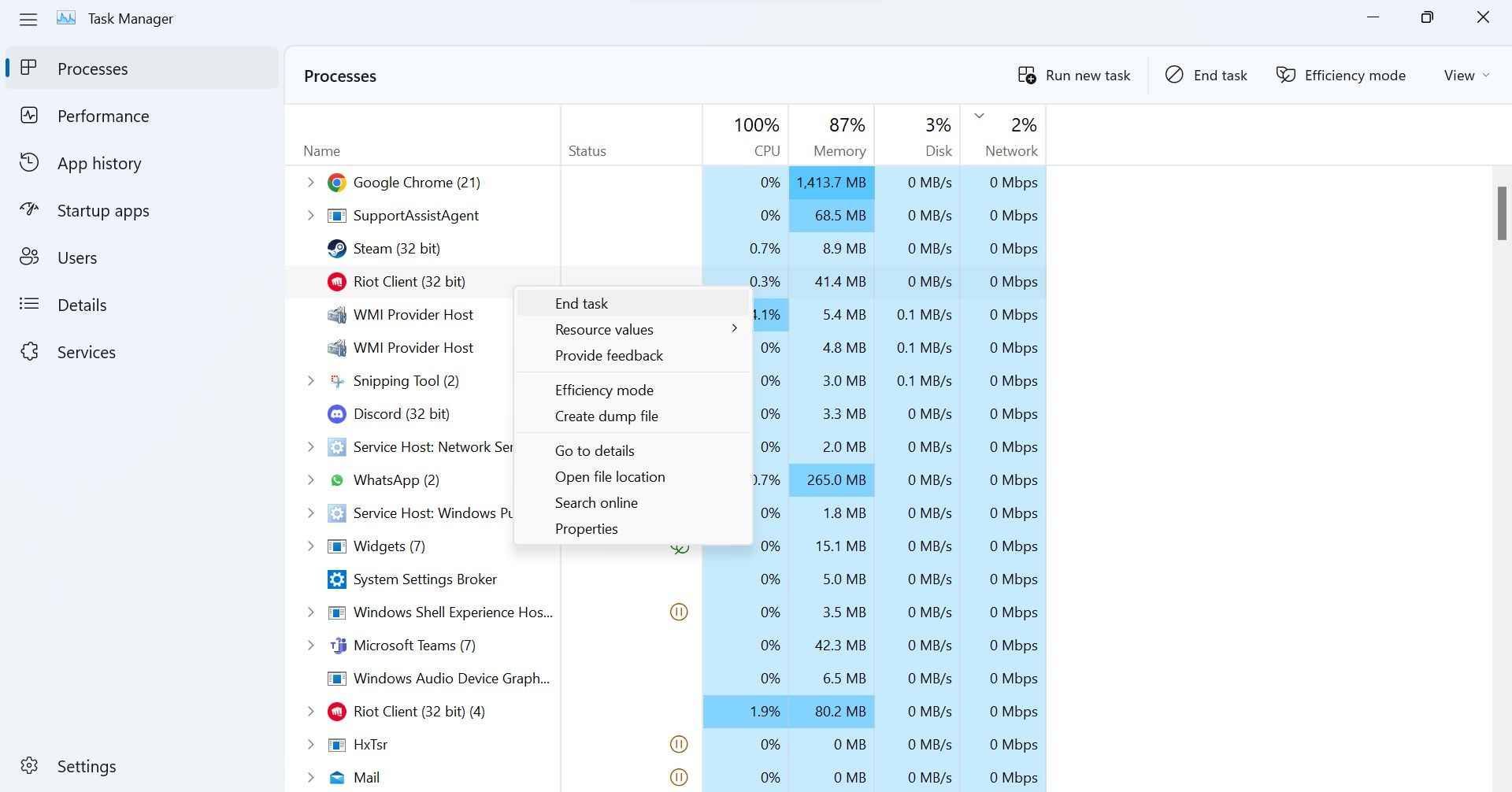 在 Windows 任务管理器应用程序中结束 Riot 进程