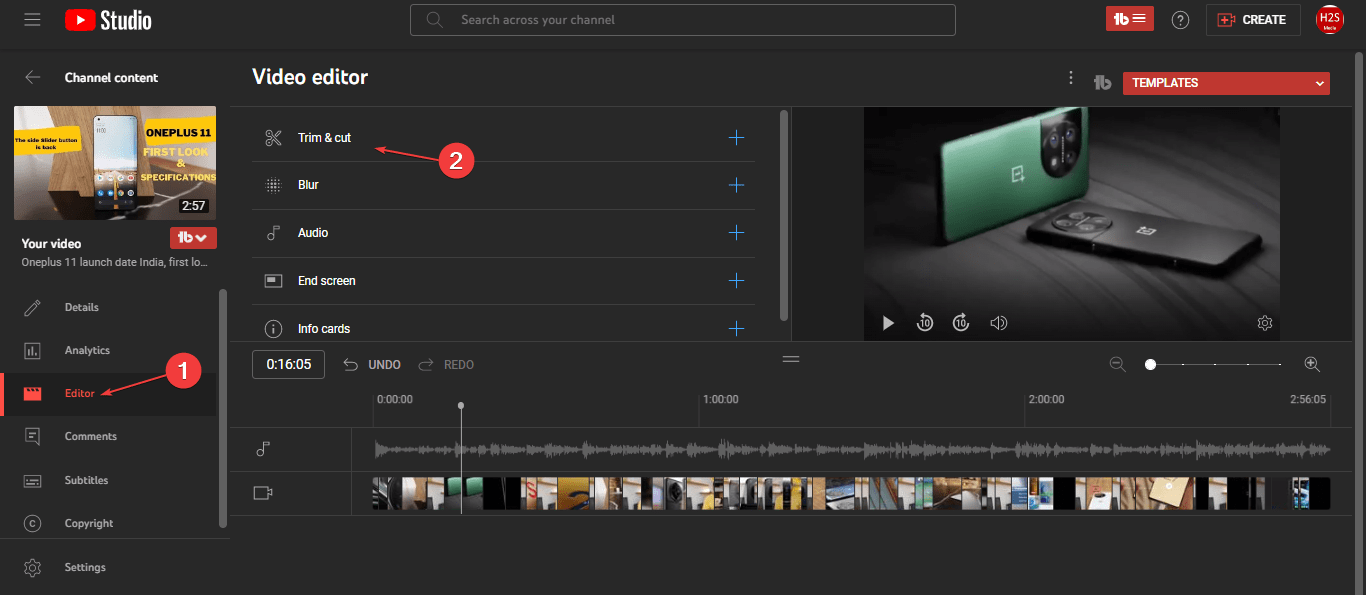 Youtube studio video editor Trim option