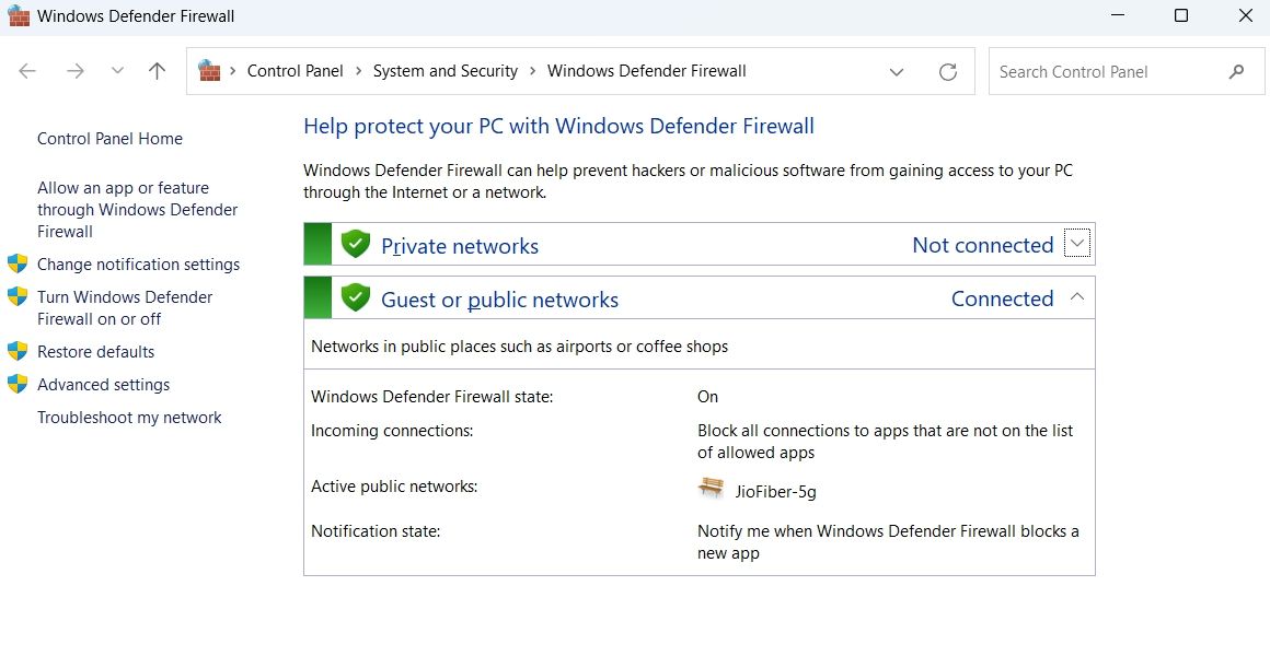 允许应用程序或功能通过 Windows 防火墙中的 Windows Defender 防火墙选项
