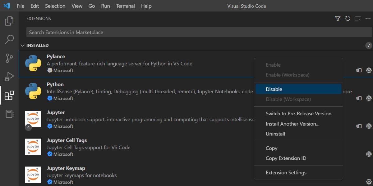 禁用 Visual Studio 代码扩展