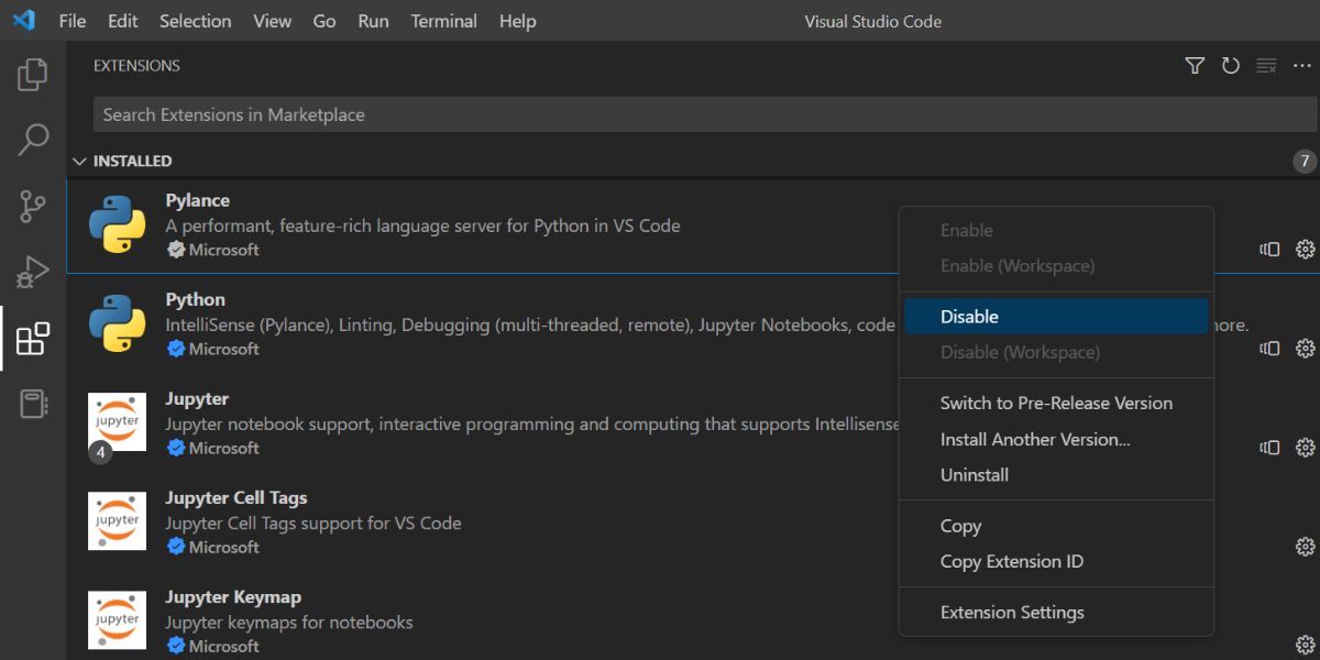 禁用 Visual Studio 代码扩展