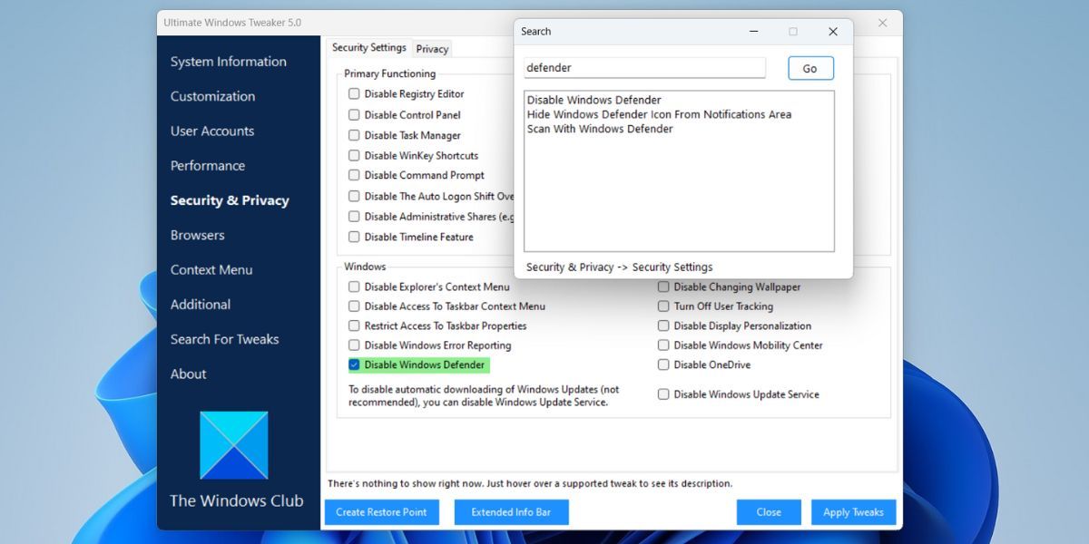 使用 Ultimate Windows Tweaker 禁用 Windows Defender