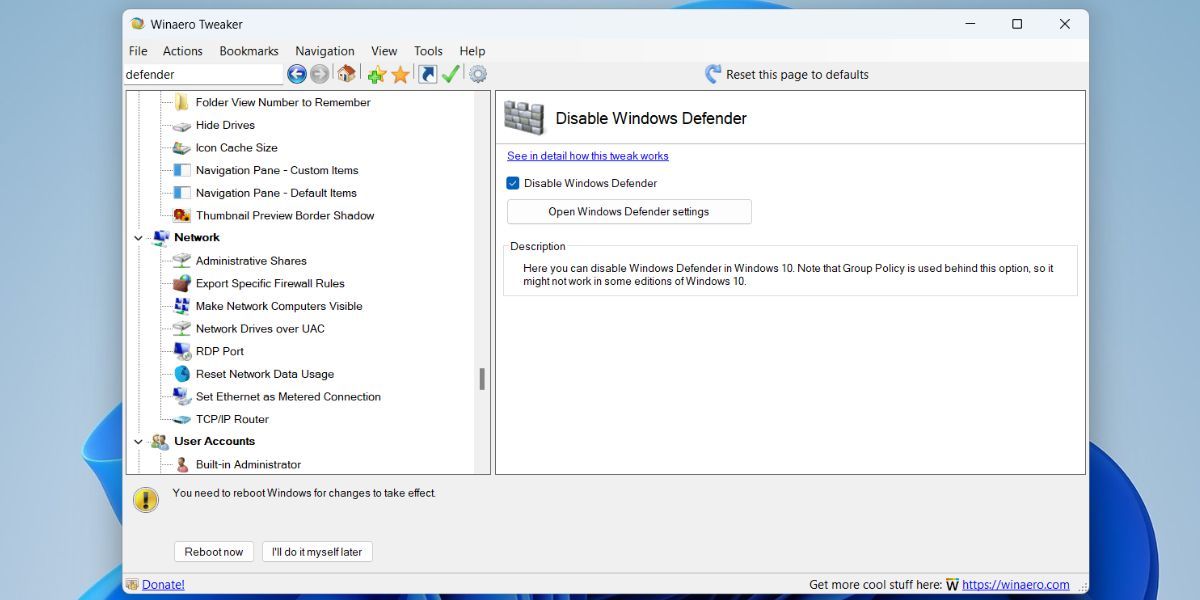 使用 Winaero Tweaker 禁用 Windows Defender