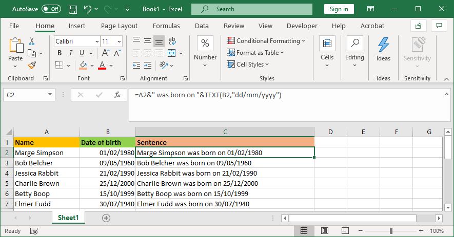 excel 组合单元格与文本公式