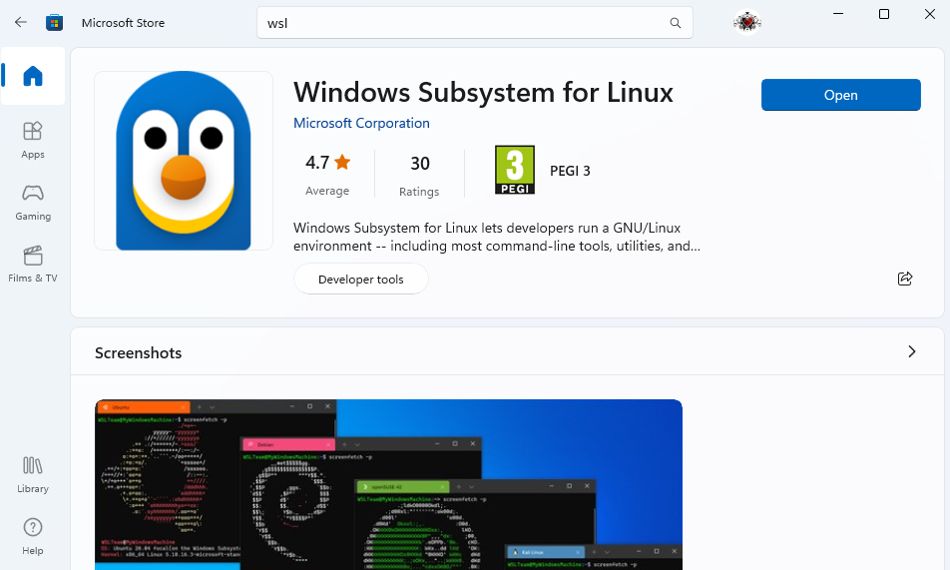 在 Microsoft Store 中打开 WSL 应用