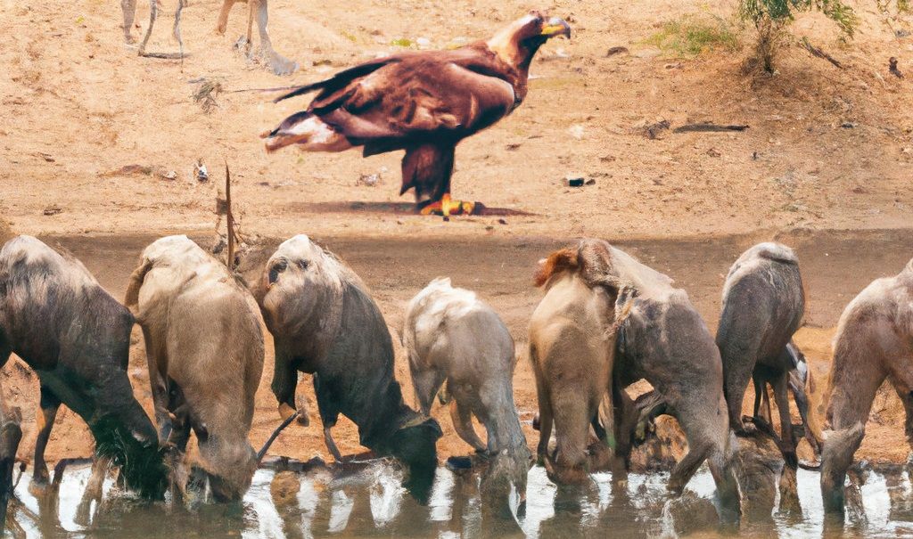 动物从河边喝水，河岸上有一只鹰