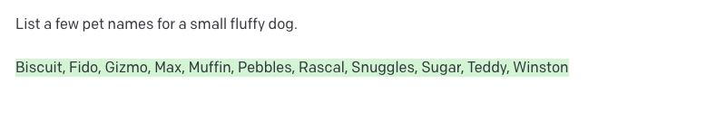 OpenAI Playground 提示完成列表狗宠物名称的屏幕截图。