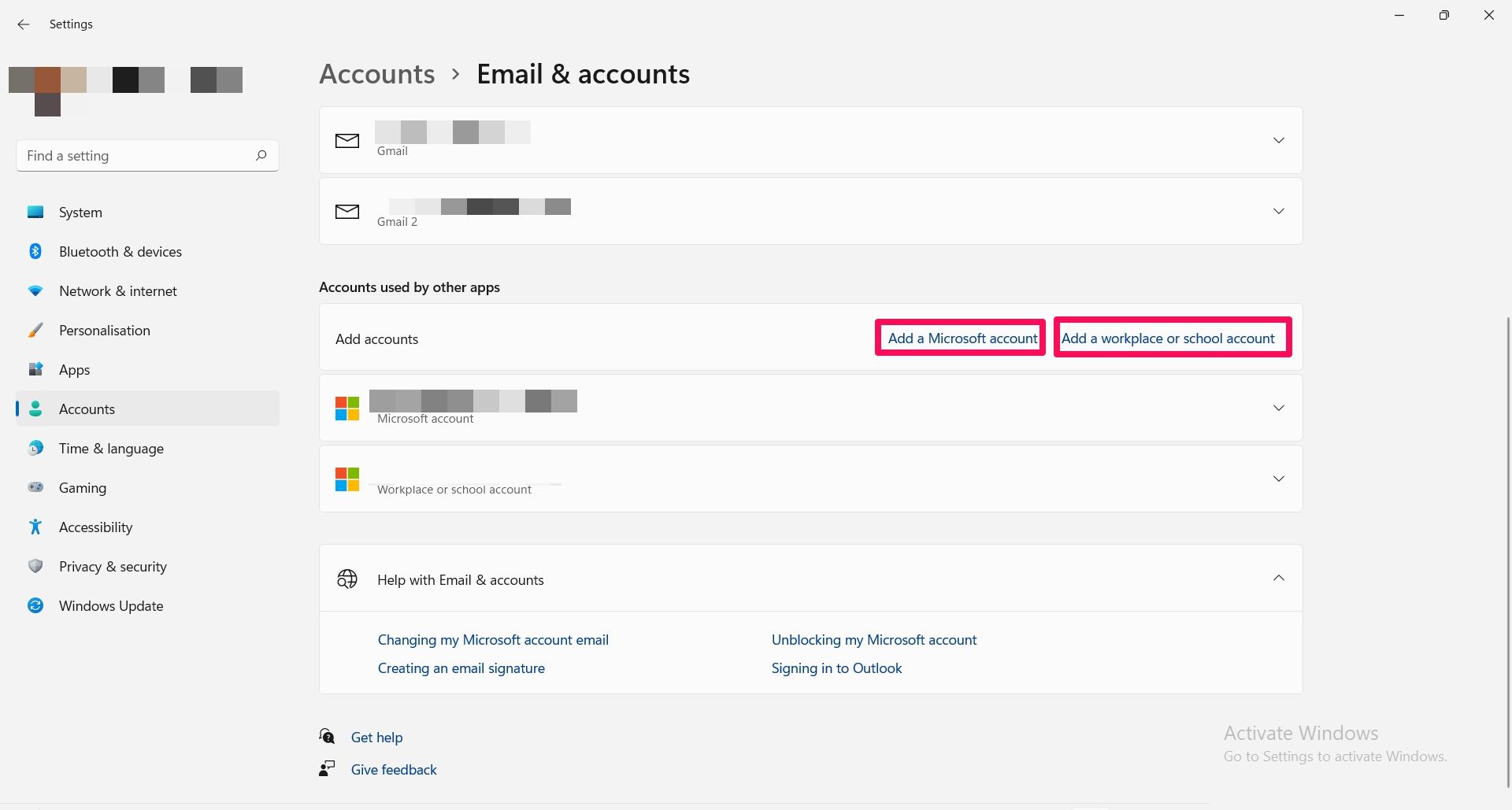Windows 11 上的电子邮件和帐户设置页面的屏幕截图（二）