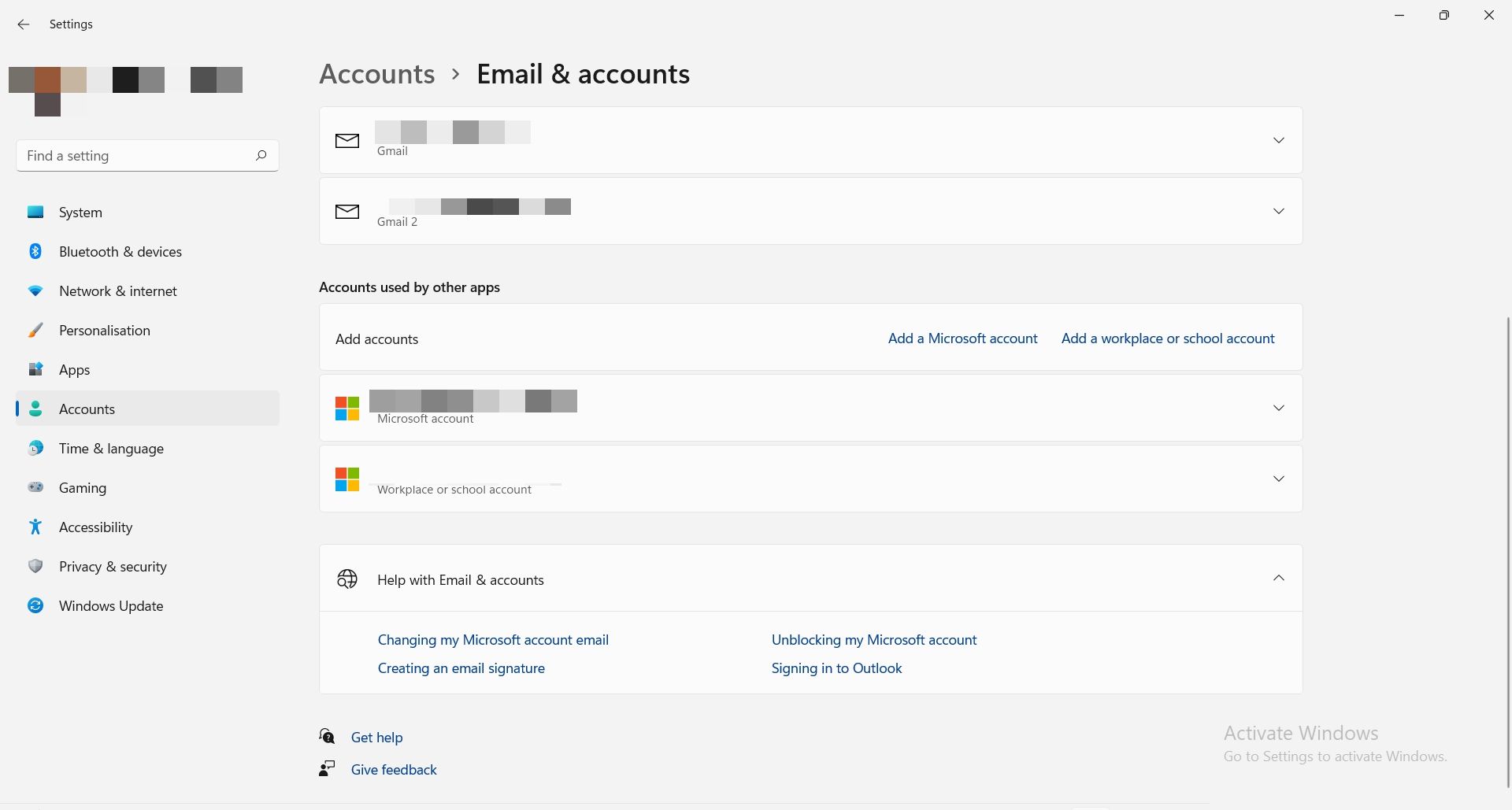 Windows 11 上的电子邮件和帐户设置页面的屏幕截图