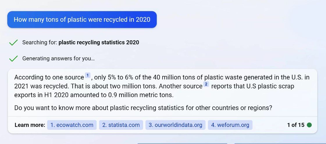 来自 Bing Chat 的塑料回收统计截图