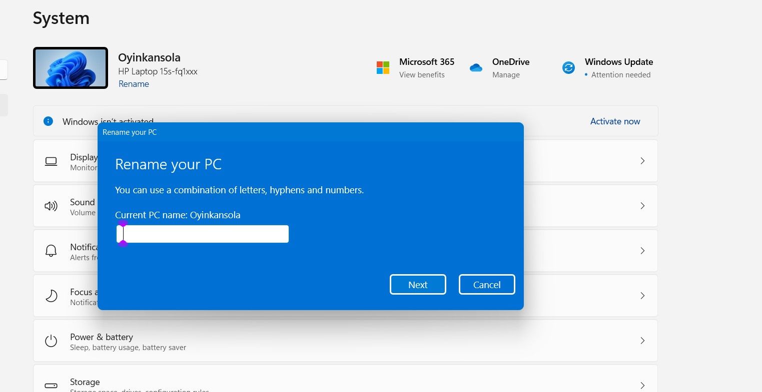 显示 Windows 11 上重命名您的 PC 字段的屏幕截图