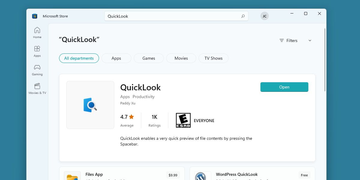 在 Microsoft Store 上搜索 quicklook 的屏幕截图 